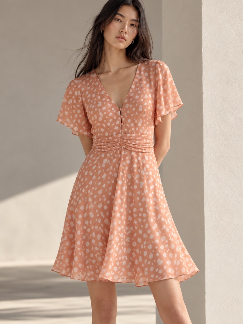 Madewell Size 6 Peach Floral Flutter Sleeve Ruched Waist Mini Dress